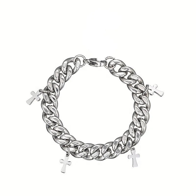 Steel Cuban Cross Bracelet