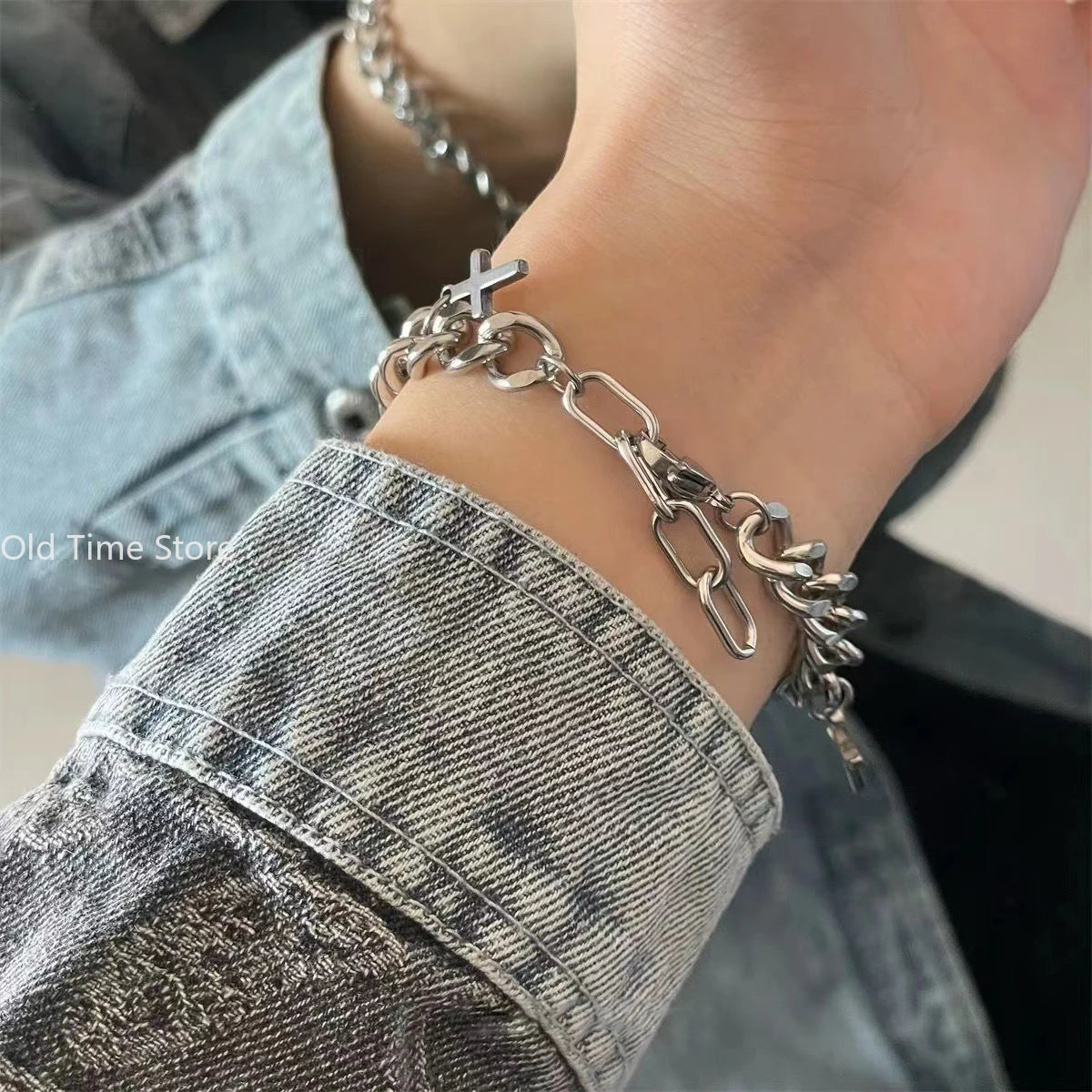 Steel Cuban Cross Bracelet