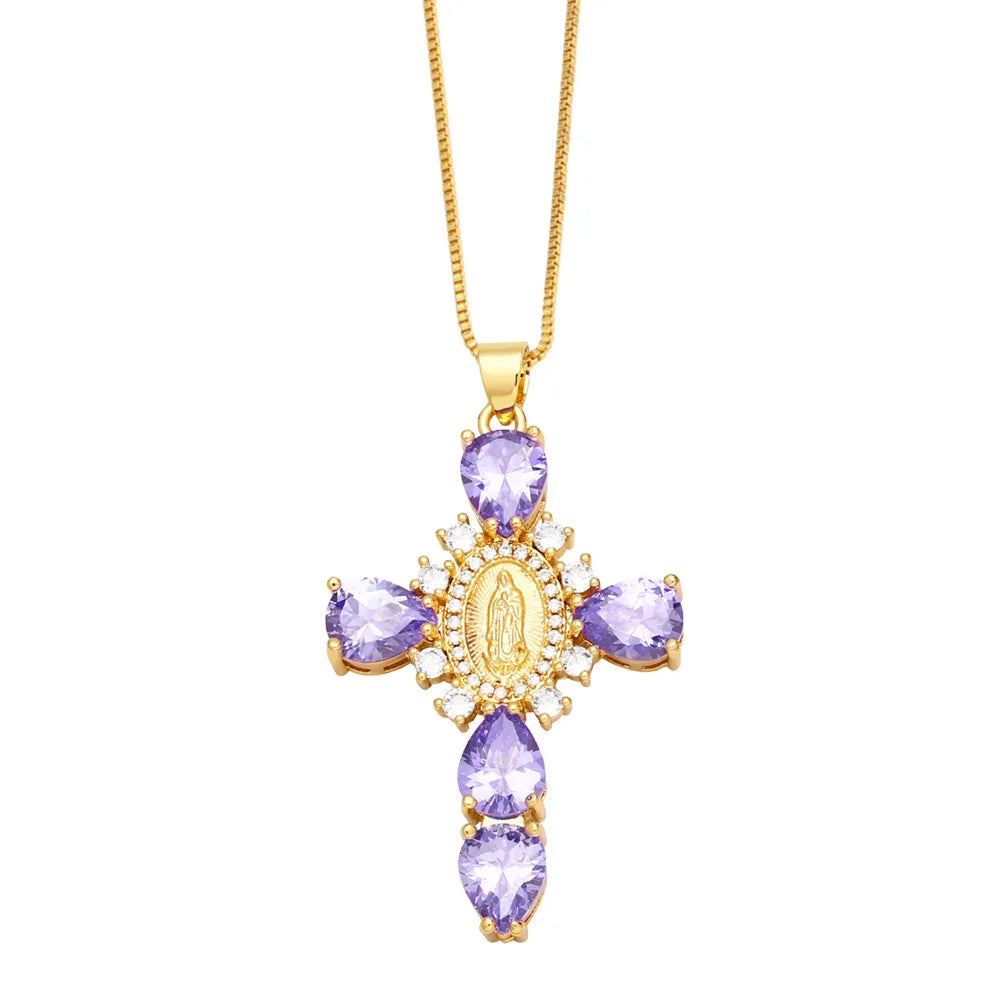 Catholic Colored Stone Cross Necklace