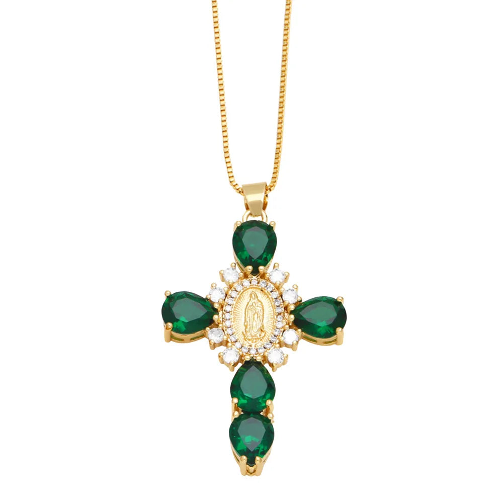 Catholic Colored Stone Cross Necklace