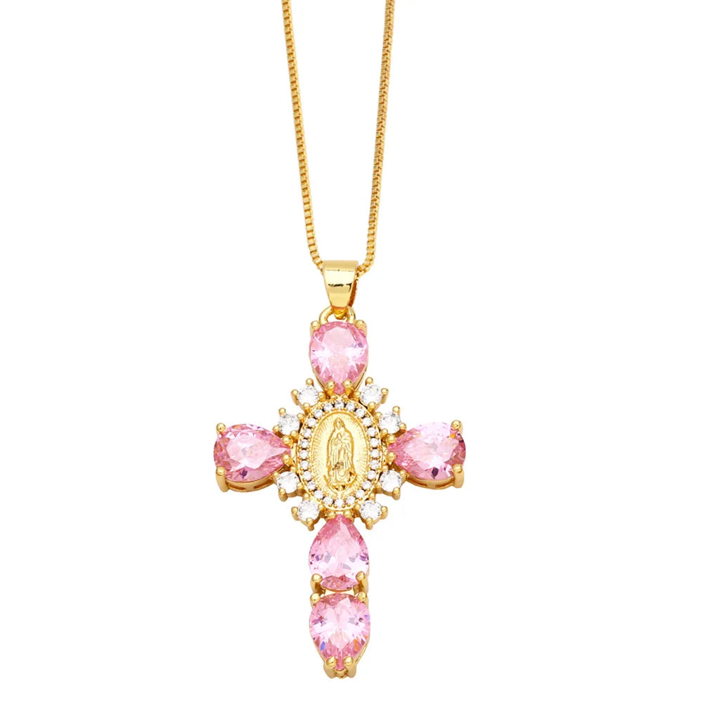 Catholic Colored Stone Cross Necklace