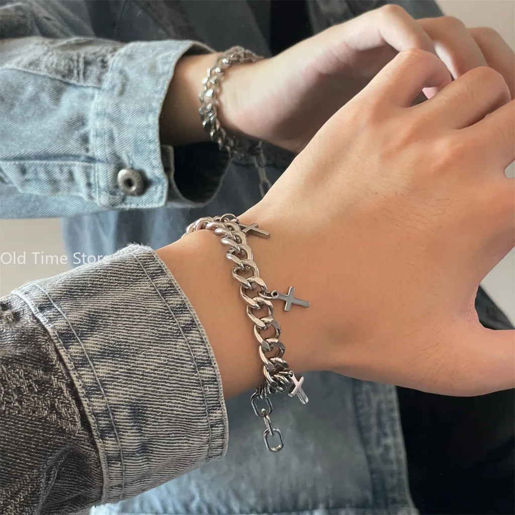 Steel Cuban Cross Bracelet