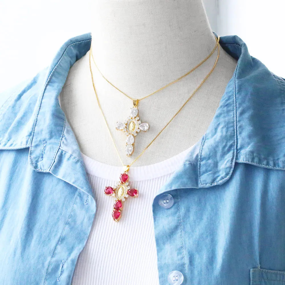 Catholic Colored Stone Cross Necklace