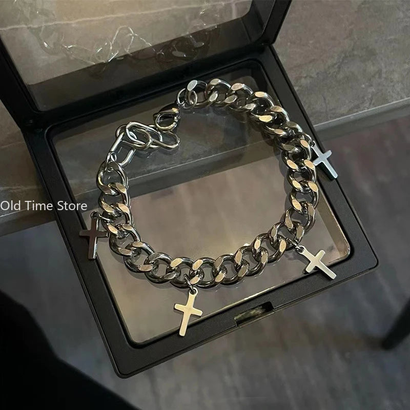 Steel Cuban Cross Bracelet