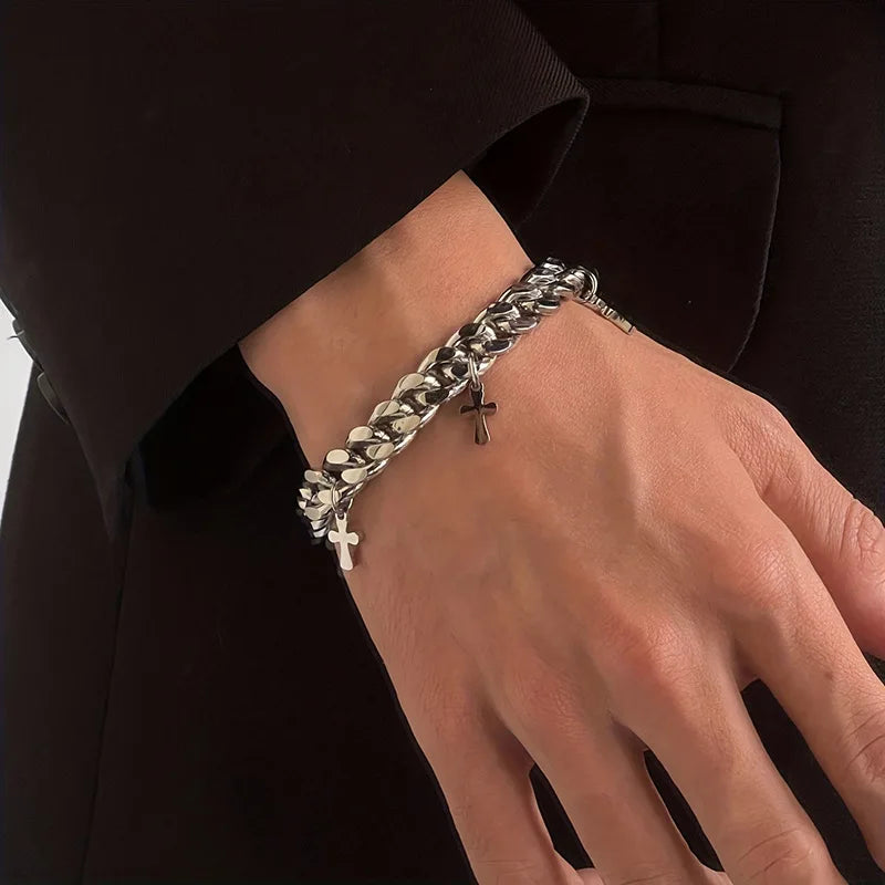 Steel Cuban Cross Bracelet