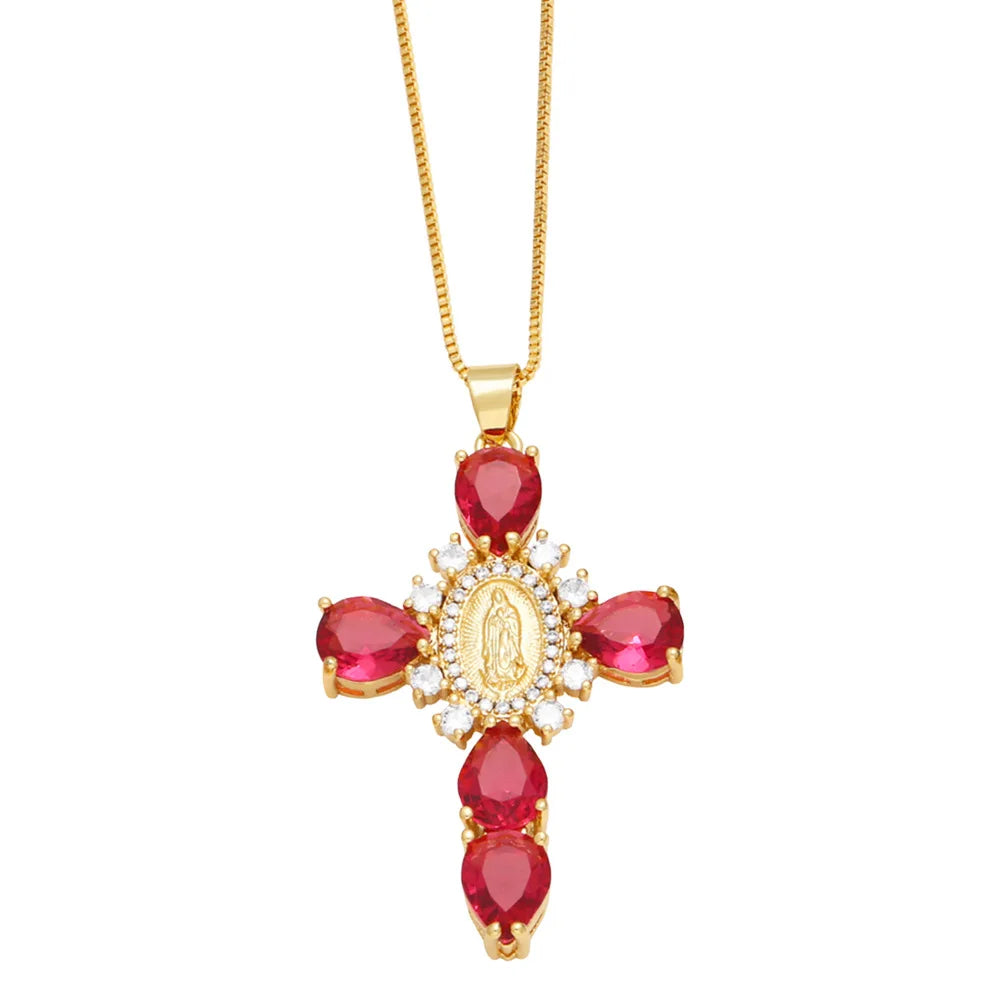 Catholic Colored Stone Cross Necklace