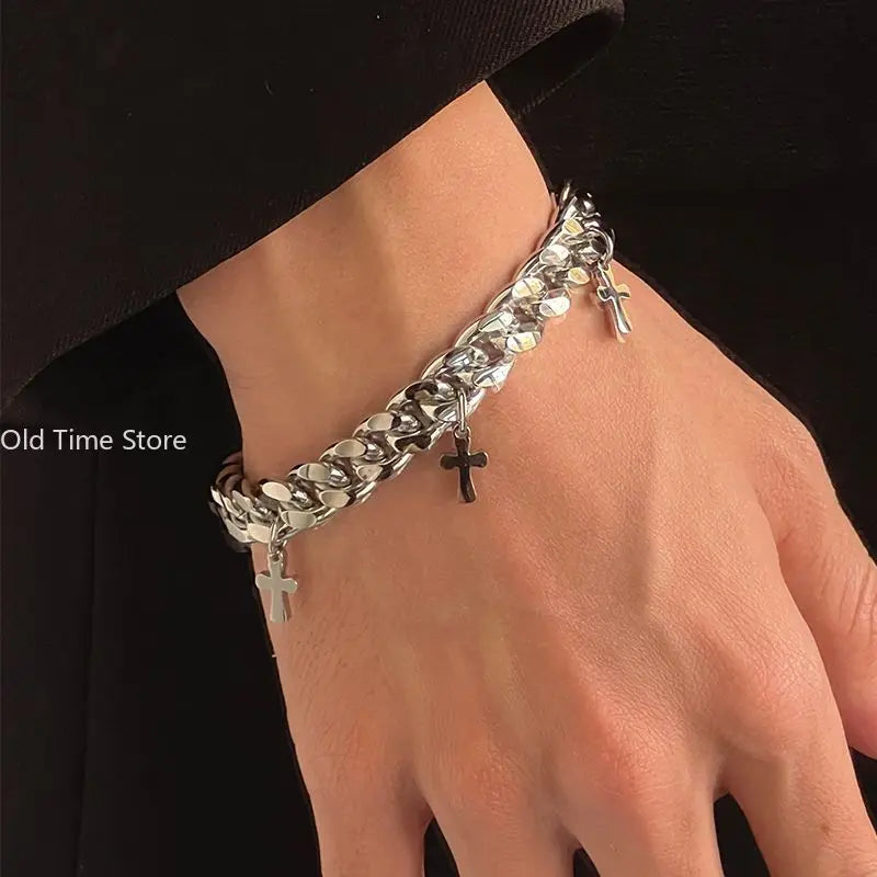 Steel Cuban Cross Bracelet