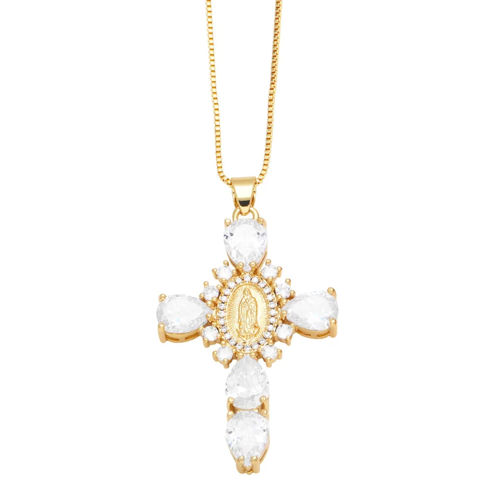 Catholic Colored Stone Cross Necklace