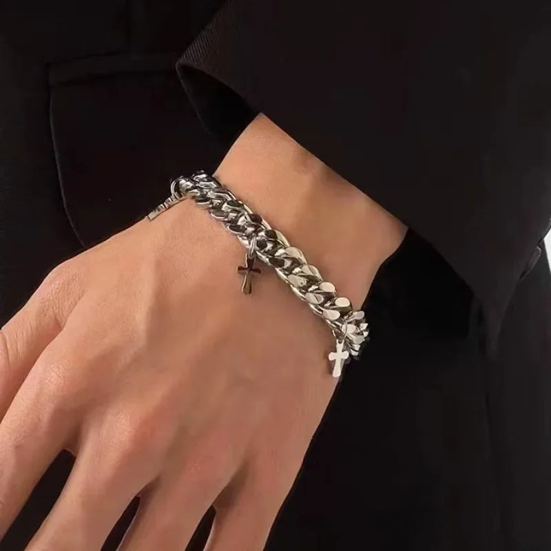 Steel Cuban Cross Bracelet