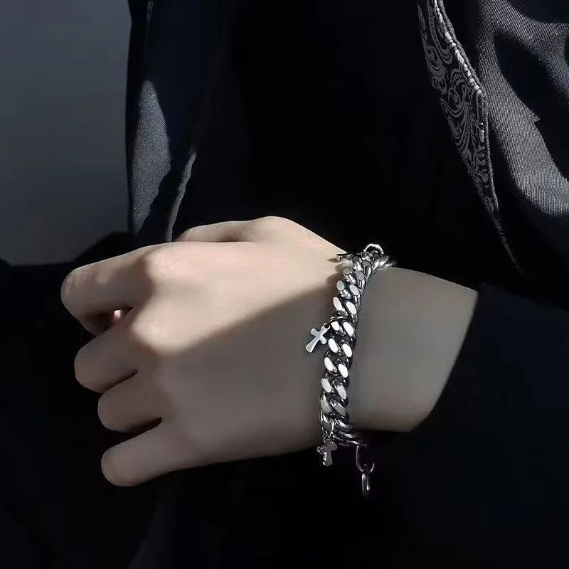 Steel Cuban Cross Bracelet