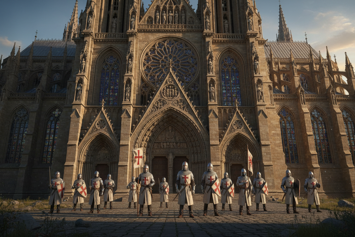 generate an image of a bunch of crusaders outside a huge gotchic church