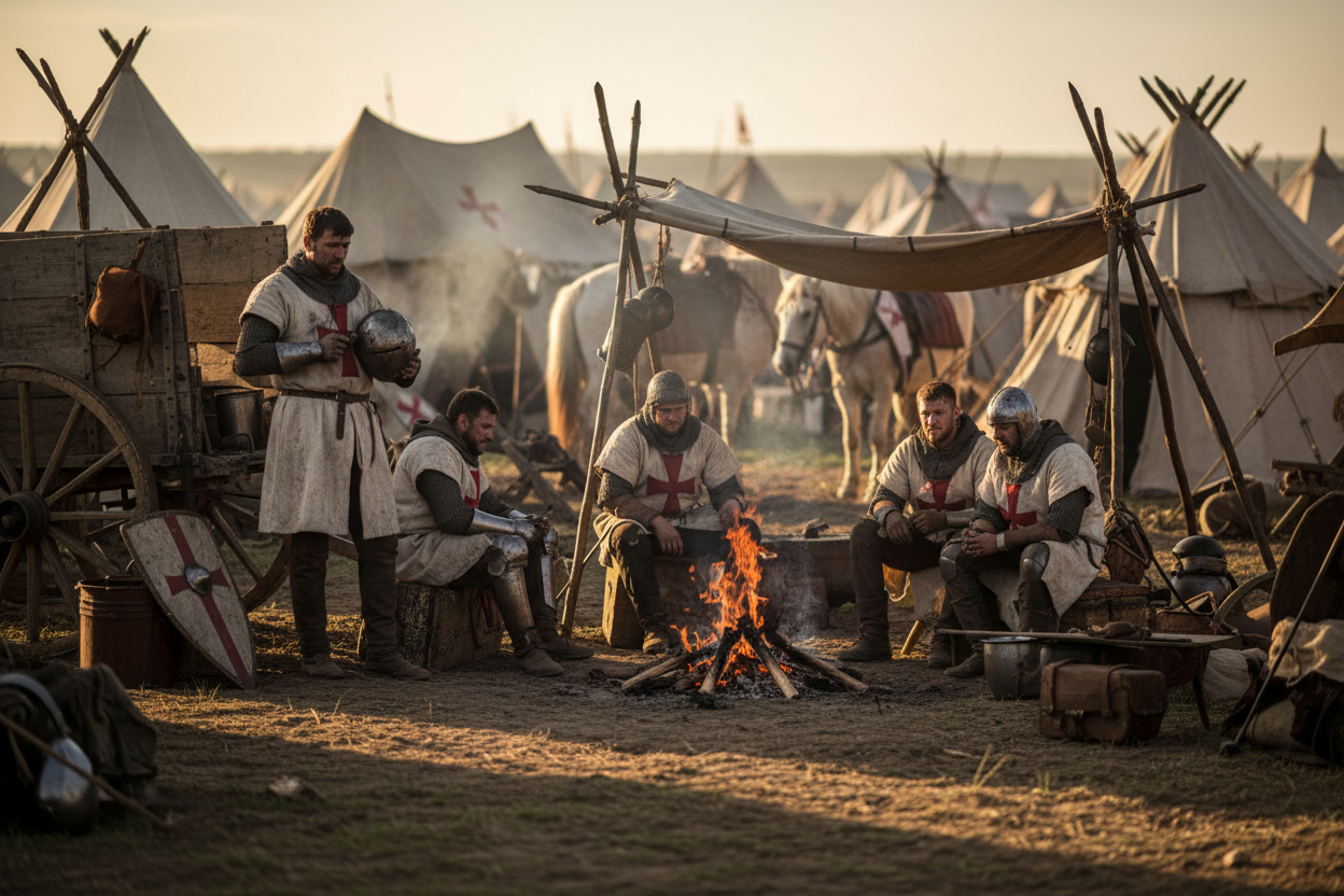 generate me a realistic and historical depicition, as if a pro photograpehr was sent back in time to capture an army of crusaders resting at camp, ultra realistic
