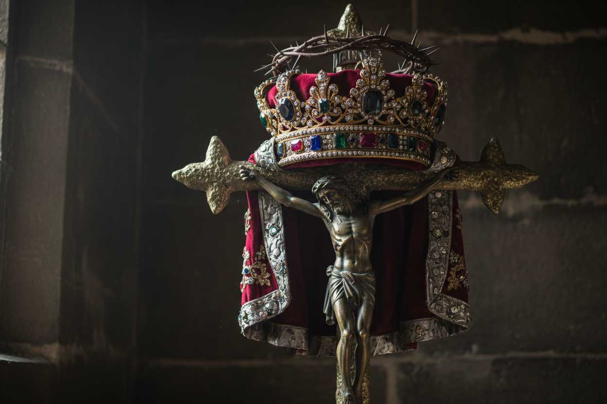 Portray an imagine of a crufix with a crown hanging off the arm